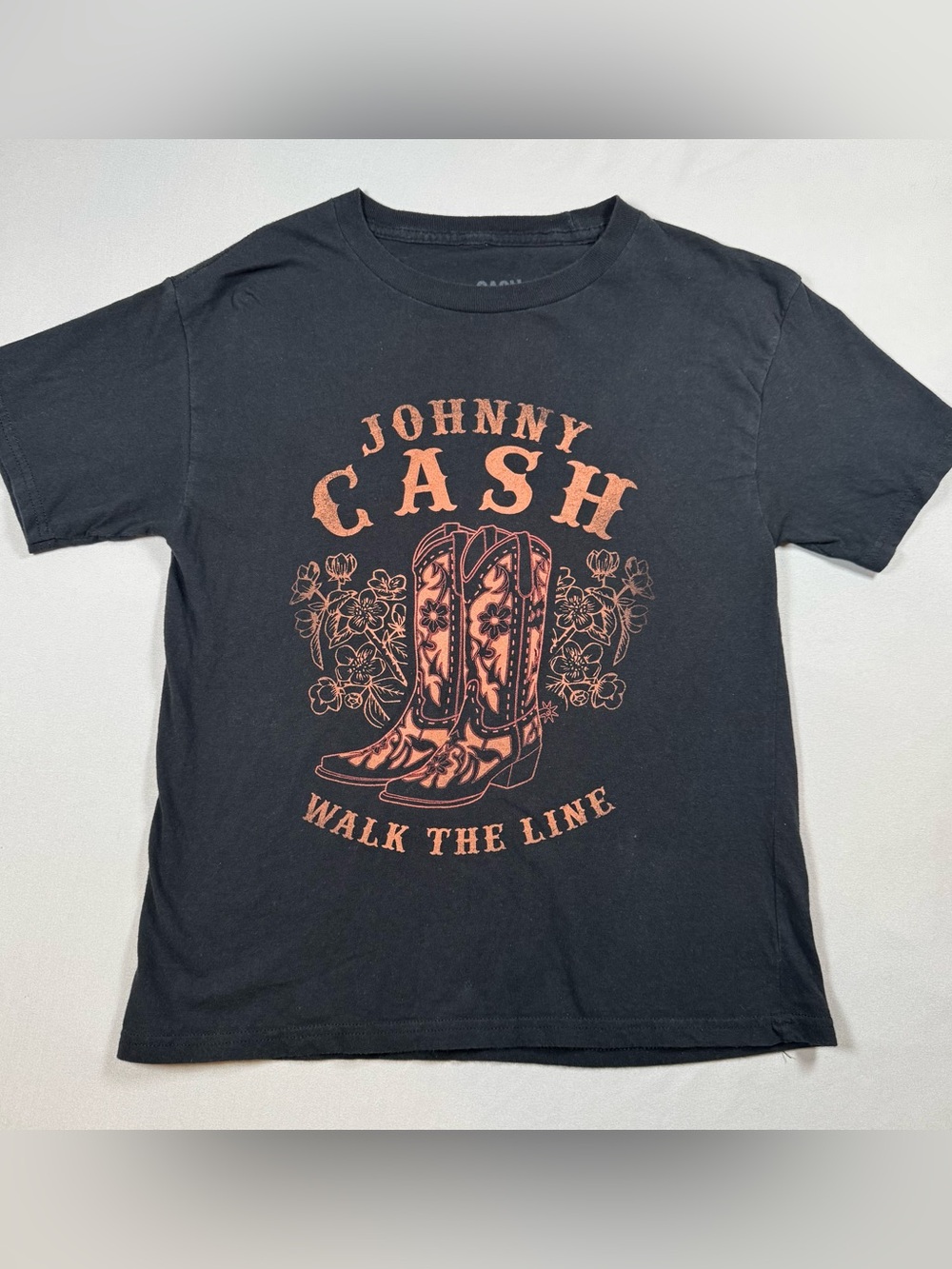 Johnny Cash Walk The Line Black T-Shirt Top Shirt Orange Cowboy Boots Small